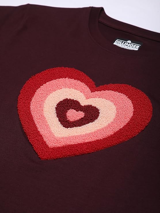Women's Heart Embroidery T-Shirt | Premium Towelling Embroidered Cotton Tee - Burgundy