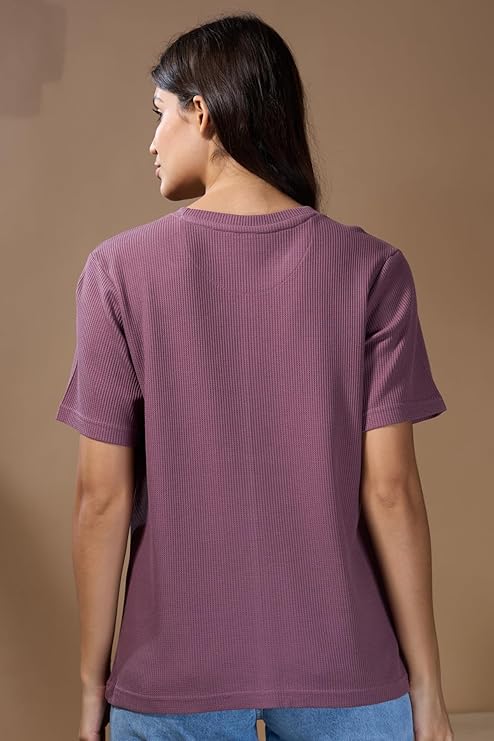 Women's Jerry Embroidery Waffle Knit T-Shirt | Premium Cotton Casual Tee - Mauve Purple