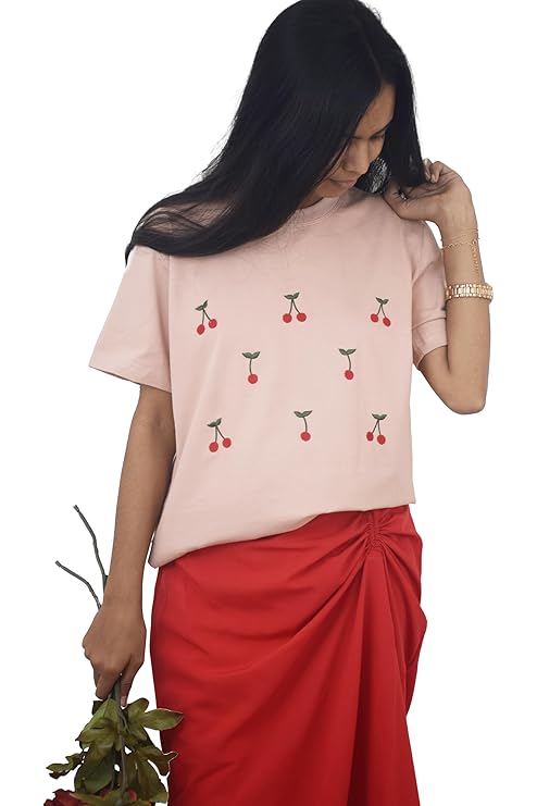 Women's Cherry Embroidery T-Shirt | Premium Cotton Casual Tee - Peach Pink
