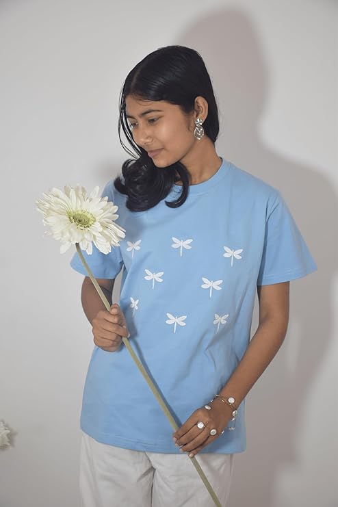 Women's Dragonfly Embroidery T-Shirt | Premium Cotton Casual Tee - Sky Blue