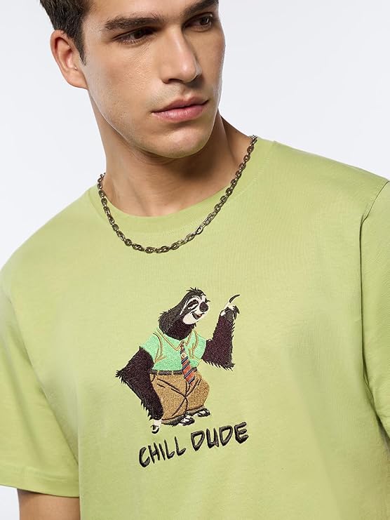 The Souled Store Disney: Chill Dude Men and Boys Short Sleeves Round Neck Green Embroidered Cotton Regular Fit Lightweight Breathable All-Season T-Shirt