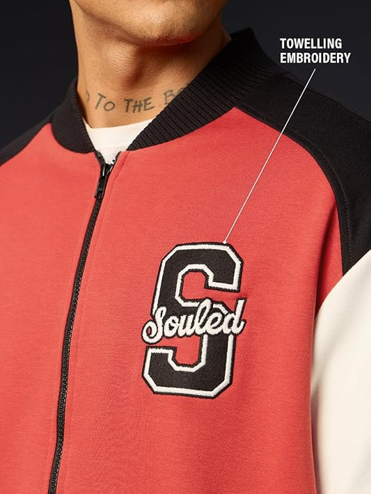 Men's Oversized Towelling Embroidery Varsity Zip Shirt | Premium Color Block Streetwear Jacket - Coral Red