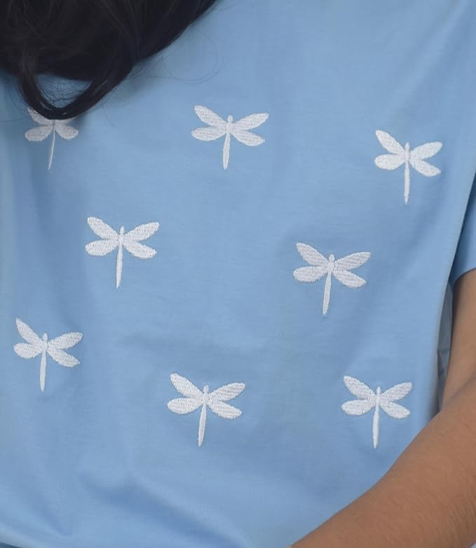 Women's Dragonfly Embroidery T-Shirt | Premium Cotton Casual Tee - Sky Blue
