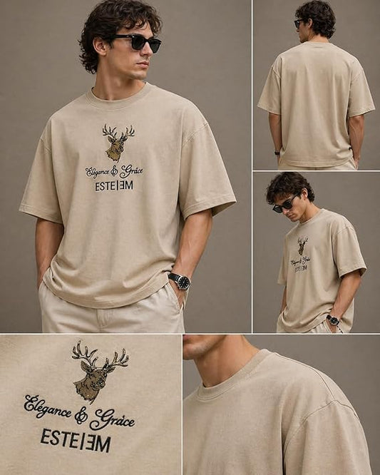 Men's Oversized Embroidered Deer Graphic T-Shirt | Premium Cotton Streetwear Tee - Beige