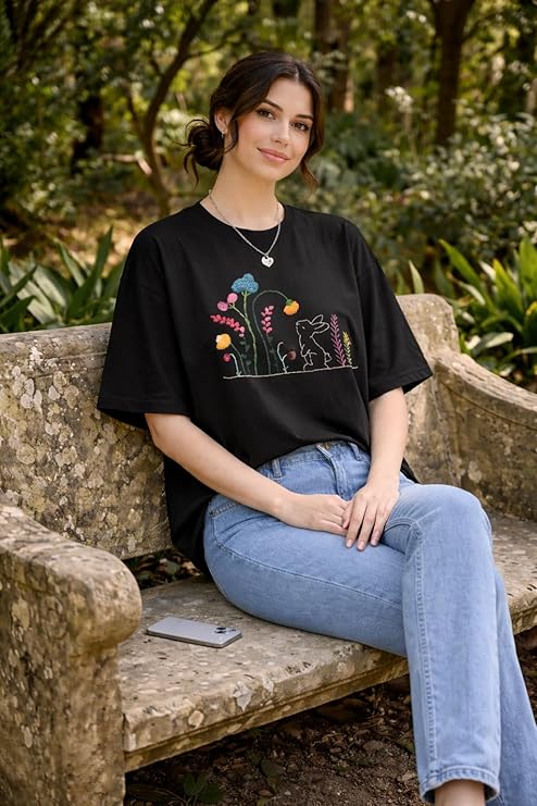 Women's Rabbit Garden Embroidery Oversized T-Shirt | Premium Cotton Graphic Tee - Black