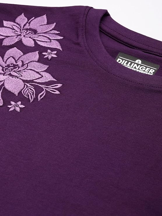 Women's Purple Floral Embroidered Oversized Cotton T-Shirt | 220 GSM Premium Bio-Washed Cotton