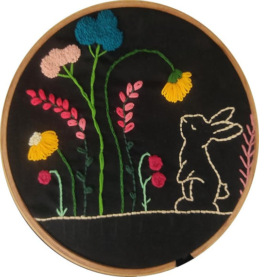 Women's Rabbit Garden Embroidery Oversized T-Shirt | Premium Cotton Graphic Tee - Black