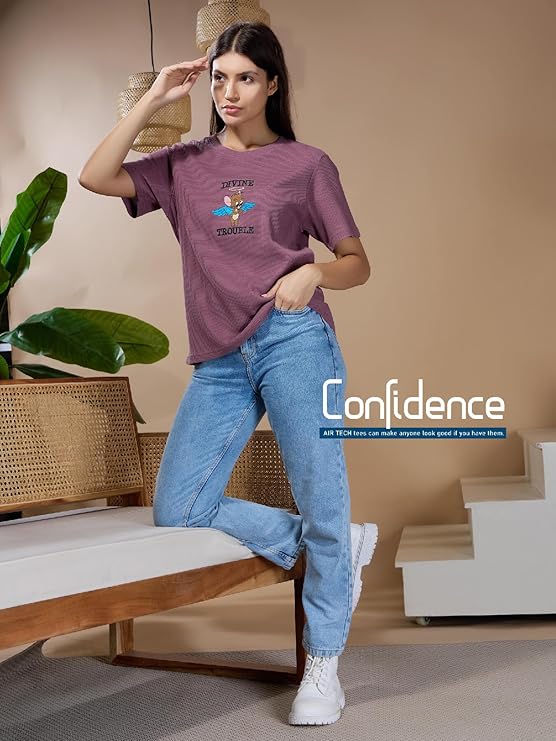 Women's Jerry Embroidery Waffle Knit T-Shirt | Premium Cotton Casual Tee - Mauve Purple