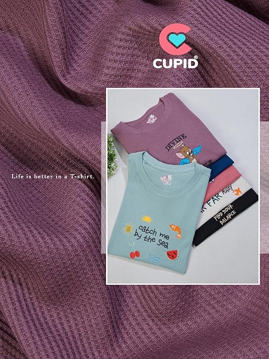 Women's Jerry Embroidery Waffle Knit T-Shirt | Premium Cotton Casual Tee - Mauve Purple