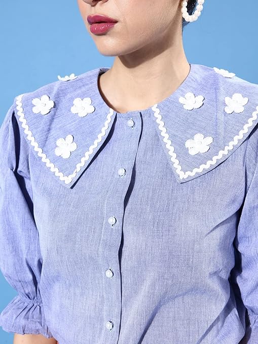 Style Quotient Women Blue Classic Floral Embroidered Casual Shirt
