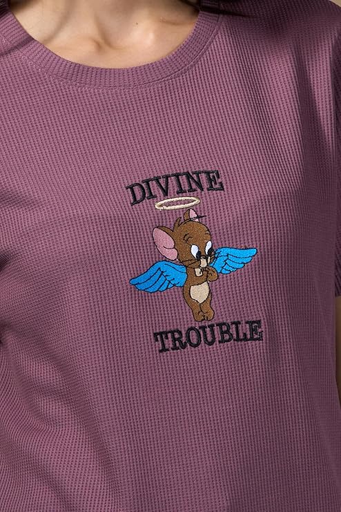 Women's Jerry Embroidery Waffle Knit T-Shirt | Premium Cotton Casual Tee - Mauve Purple