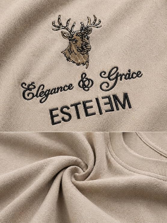 Men's Oversized Embroidered Deer Graphic T-Shirt | Premium Cotton Streetwear Tee - Beige