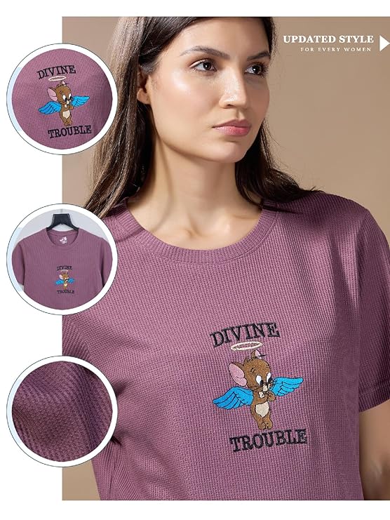 Women's Jerry Embroidery Waffle Knit T-Shirt | Premium Cotton Casual Tee - Mauve Purple