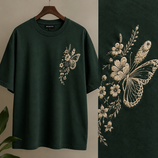 Butterfly Floral Embroidered Oversized T-Shirt for Women | Premium Cotton Tee