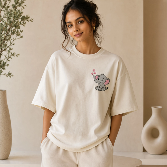 Cute Elephant Embroidered Oversized T-Shirt for Women | Premium Cotton Casual Tee