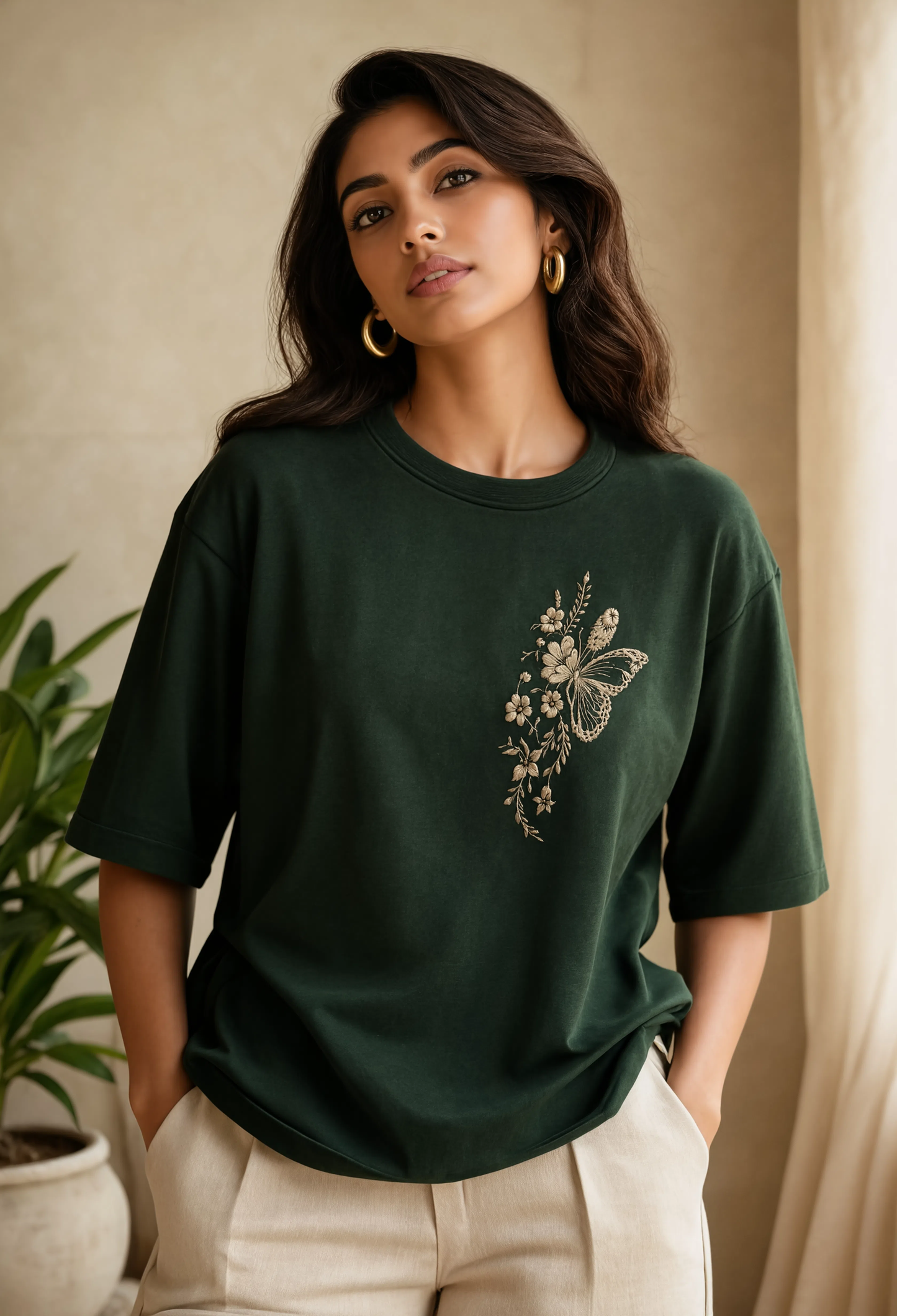 Butterfly Floral Embroidered Oversized T-Shirt for Women | Premium Cotton Tee