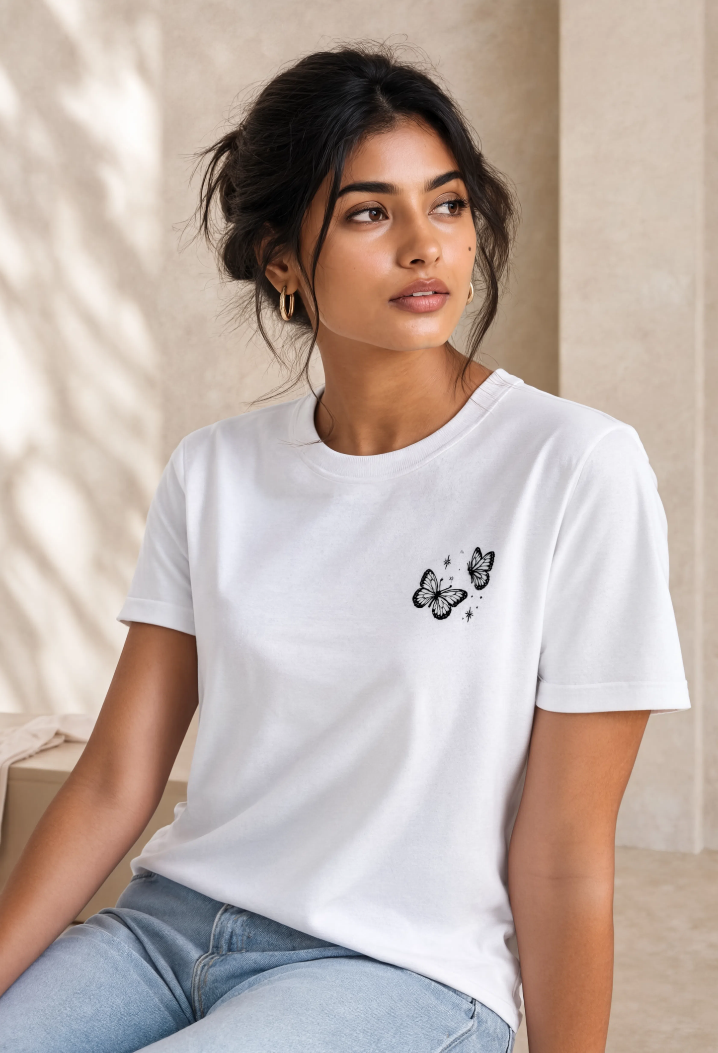 Butterfly Embroidered T-Shirt for Women | Minimalist Monochrome Butterfly Tee