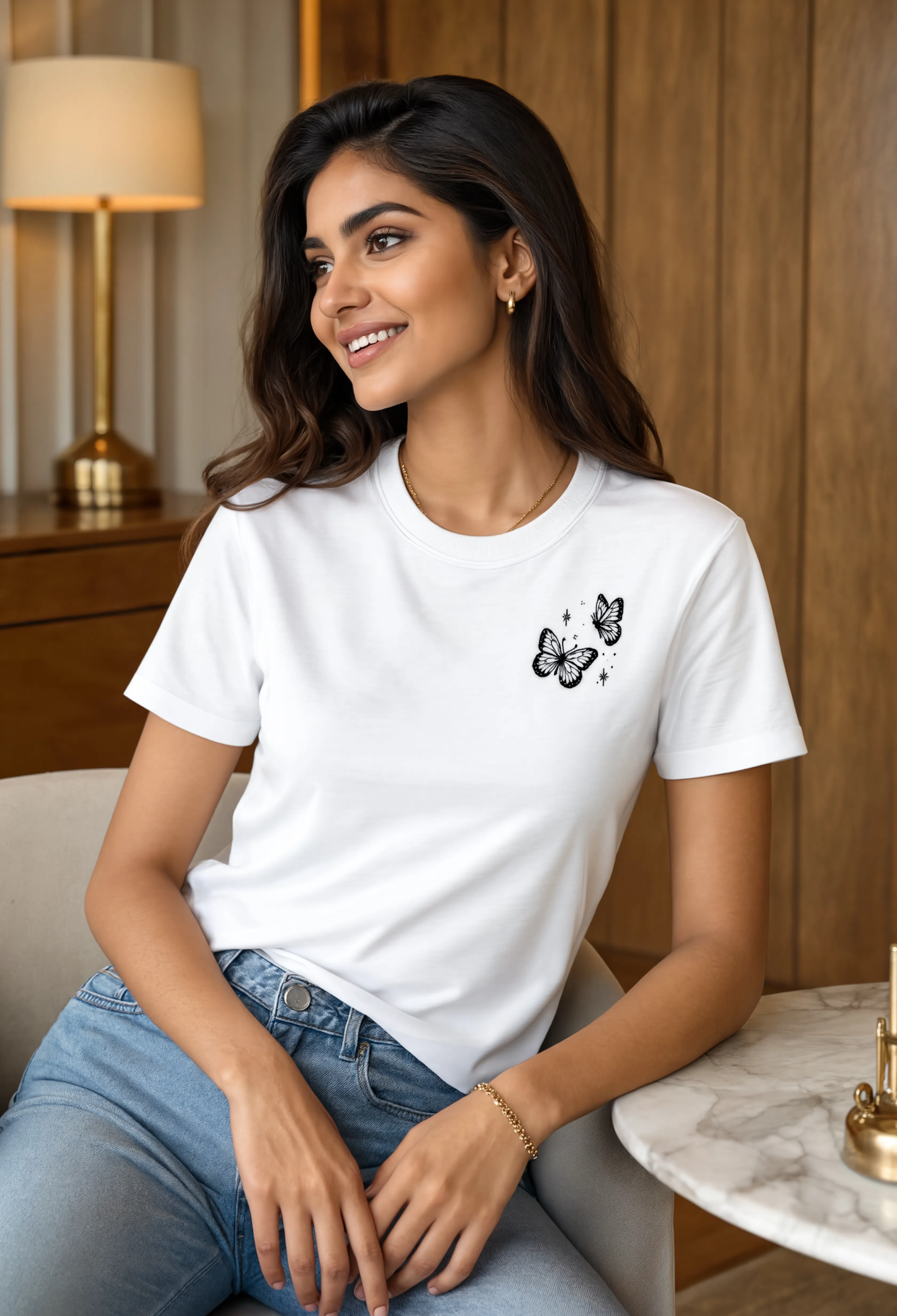 Butterfly Embroidered T-Shirt for Women | Minimalist Monochrome Butterfly Tee