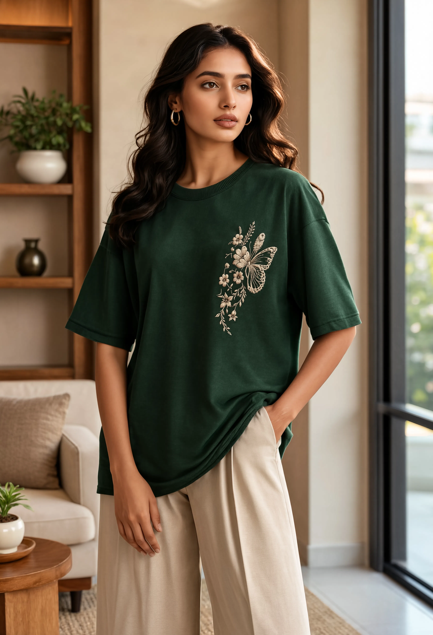 Butterfly Floral Embroidered Oversized T-Shirt for Women | Premium Cotton Tee