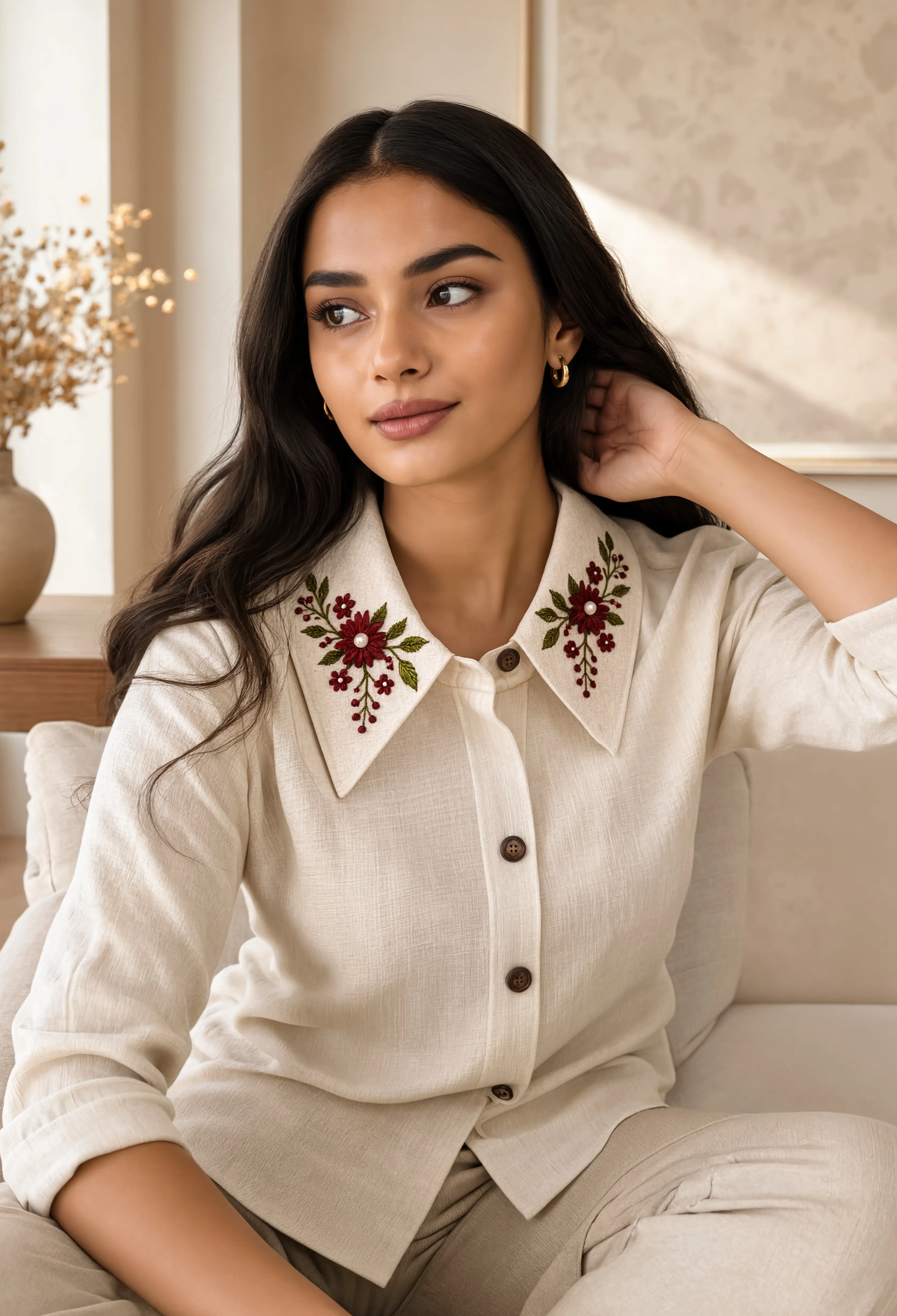 Elegant Floral Embroidered Collar Shirt for Women | Premium Office & Casual Wear