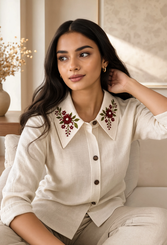 Elegant Floral Embroidered Collar Shirt for Women | Premium Office & Casual Wear