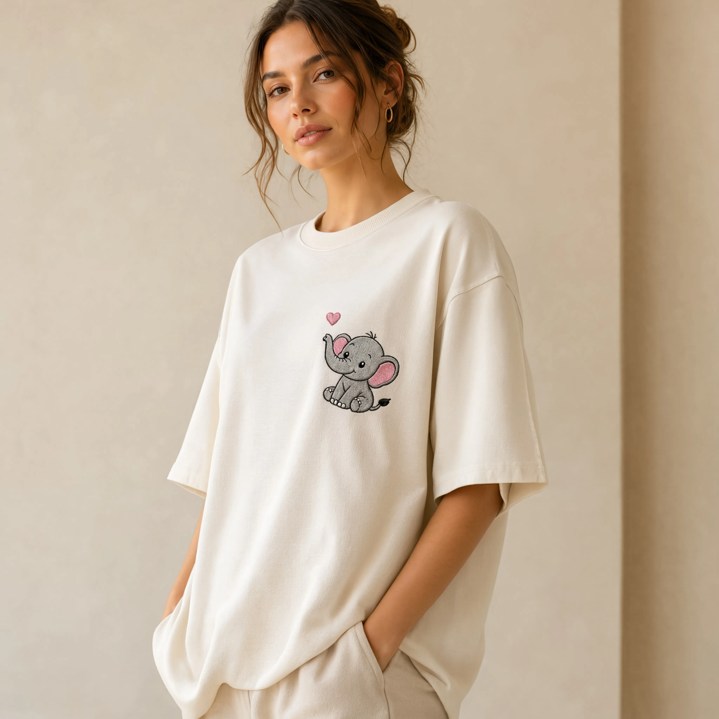 Cute Elephant Embroidered Oversized T-Shirt for Women | Premium Cotton Casual Tee