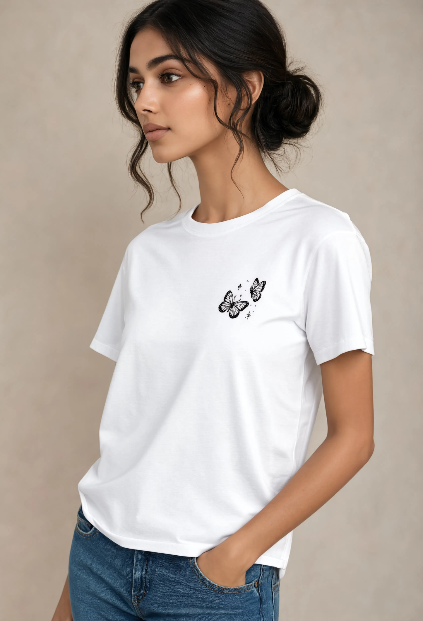 Butterfly Embroidered T-Shirt for Women | Minimalist Monochrome Butterfly Tee